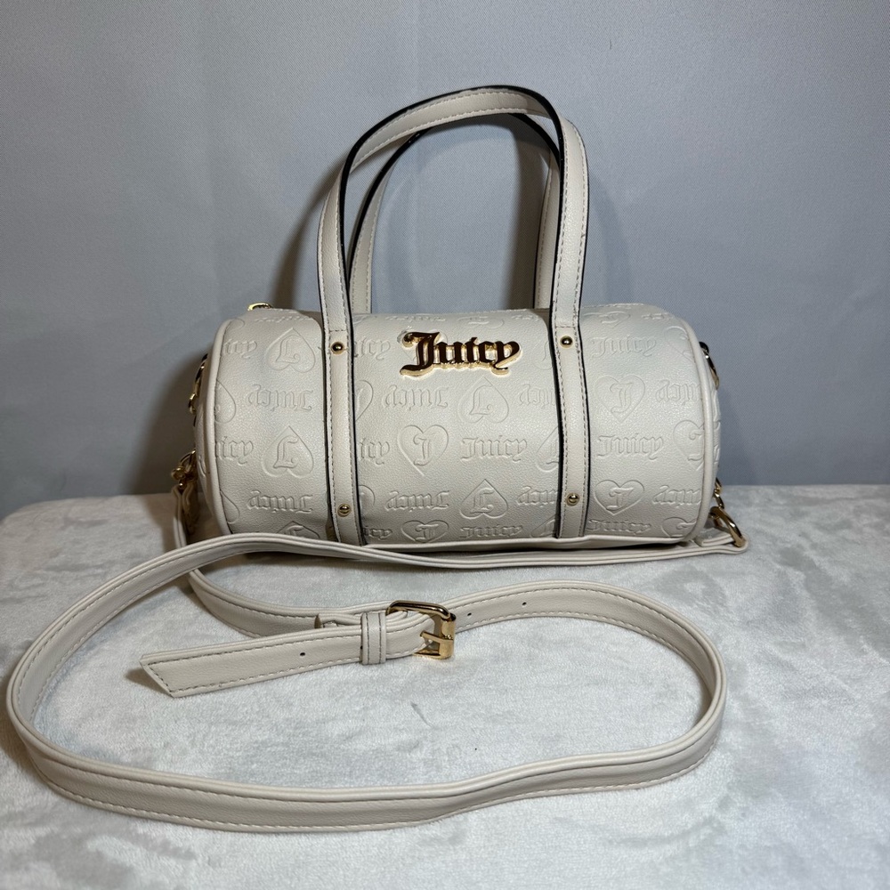 Juicy Couture Y2K White Barrel Bag Gold Logo Crossbody Satchel Purse‎